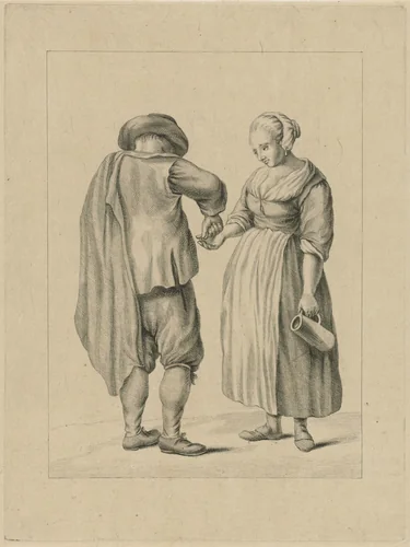 Man betaalt vrouw by Pieter de Mare, print, 1768-1796