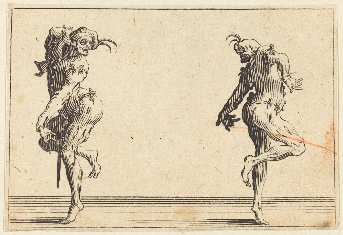 Two Pantaloons Dancing by Jacques Callot, print, 1622