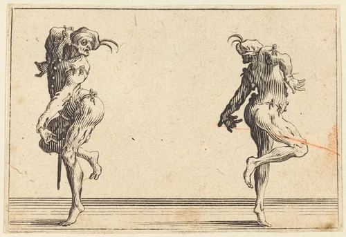 Two Pantaloons Dancing by Jacques Callot, print, 1622