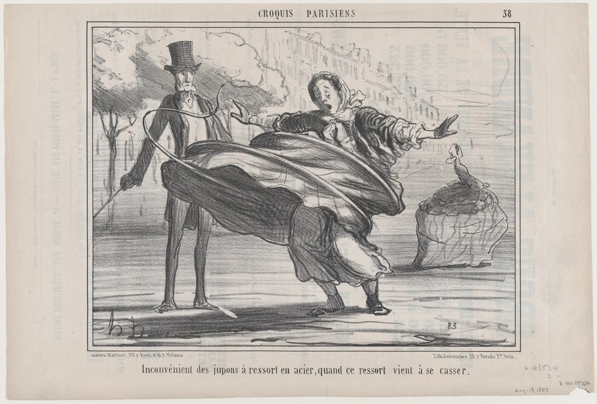 Inconvénient des jupons à ressort en acier, quand ce ressort vient à se casser, from "Croquis Parisiens" by Honoré Daumier, print, 1857