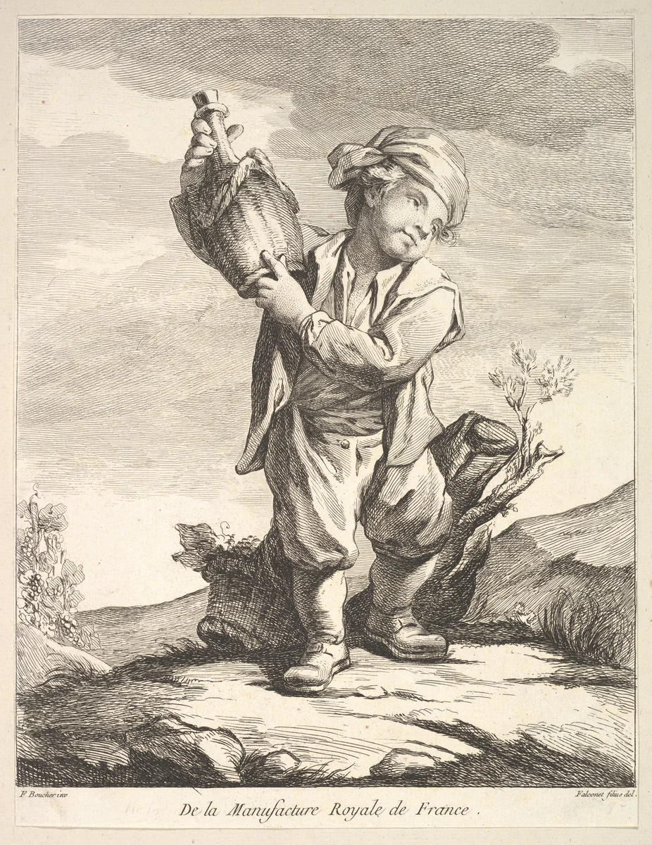 Little boy holding a vessel, from "Premier Livre de Figures d'après les porcelaines de la Manufacture Royale de France, inventées en 1757, par Mr. Boucher" (First Book of Figures after porcelains from the Manufacture Royale de France, devised in 1757, by Mr. Boucher) by Pierre Etienne Falconet, print, 1757
