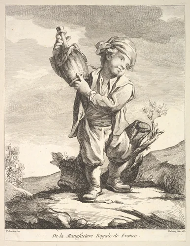 Little boy holding a vessel, from "Premier Livre de Figures d'après les porcelaines de la Manufacture Royale de France, inventées en 1757, par Mr. Boucher" (First Book of Figures after porcelains from the Manufacture Royale de France, devised in 1757, by Mr. Boucher) by Pierre Etienne Falconet, print, 1757