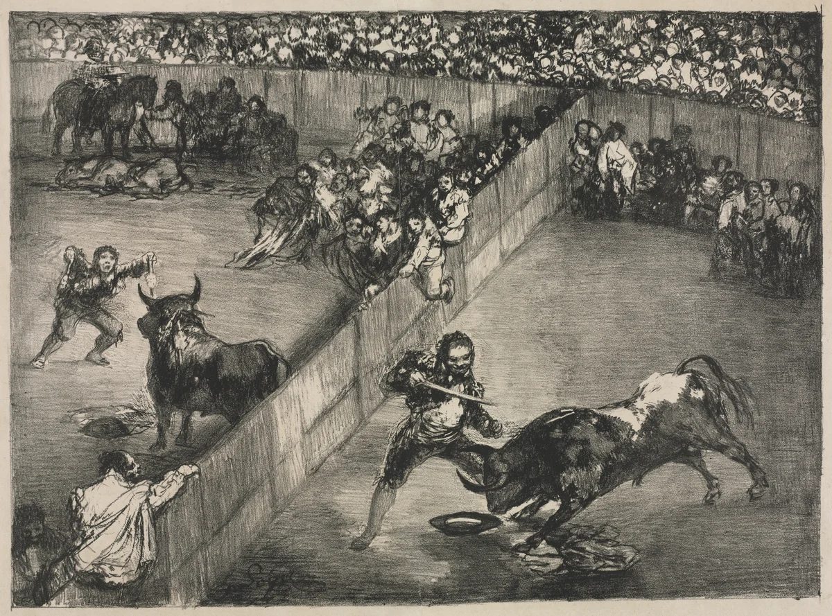 The Bulls of Bordeaux: Bullfight in a Divided Ring by Francisco de Goya, print, 1825