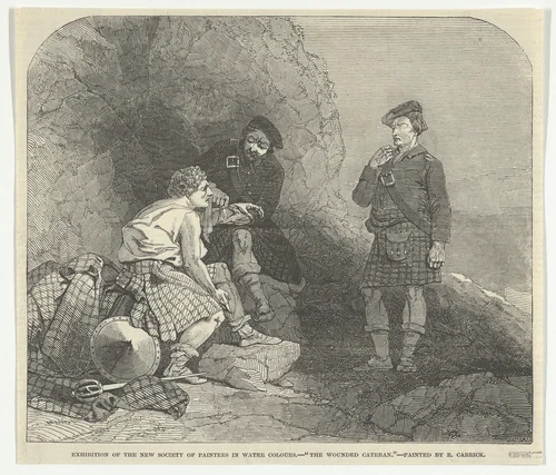 The Wounded Cateran by R. Carrick, Exhibition of the New Society of Painters in Water Colours, from "Illustrated London News" by Joseph Lionel Williams, print, 1848