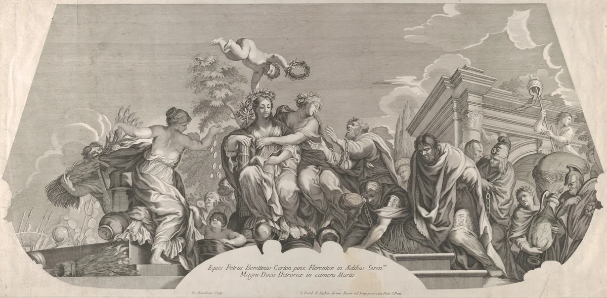 An allegorical composition with Charity and prisoners in chains by Jacques Blondeau, print, 1677