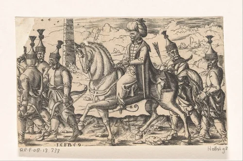 Sultan te paard vergezeld door soldaten by Unknown, print, 1559