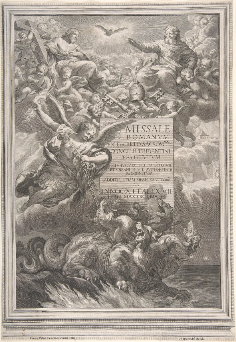 The holy trinity with Saint Michael vanquishing a six-headed dragon, frontispiece to 'Missale Romanum ex decreto sacrosancti Concilii tridentini restitutum' by Pietro da Cortona, print, 1657-1667