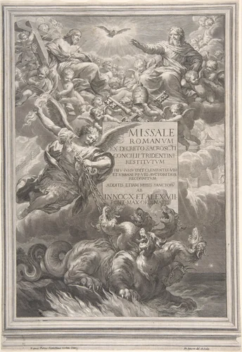 The holy trinity with Saint Michael vanquishing a six-headed dragon, frontispiece to 'Missale Romanum ex decreto sacrosancti Concilii tridentini restitutum' by Pietro da Cortona, print, 1657-1667