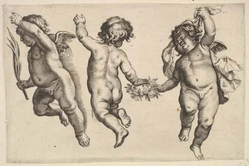 Two cherubs dancing with a small boy, not by Hollar by Wenceslaus Hollar, print, 1640-1652
