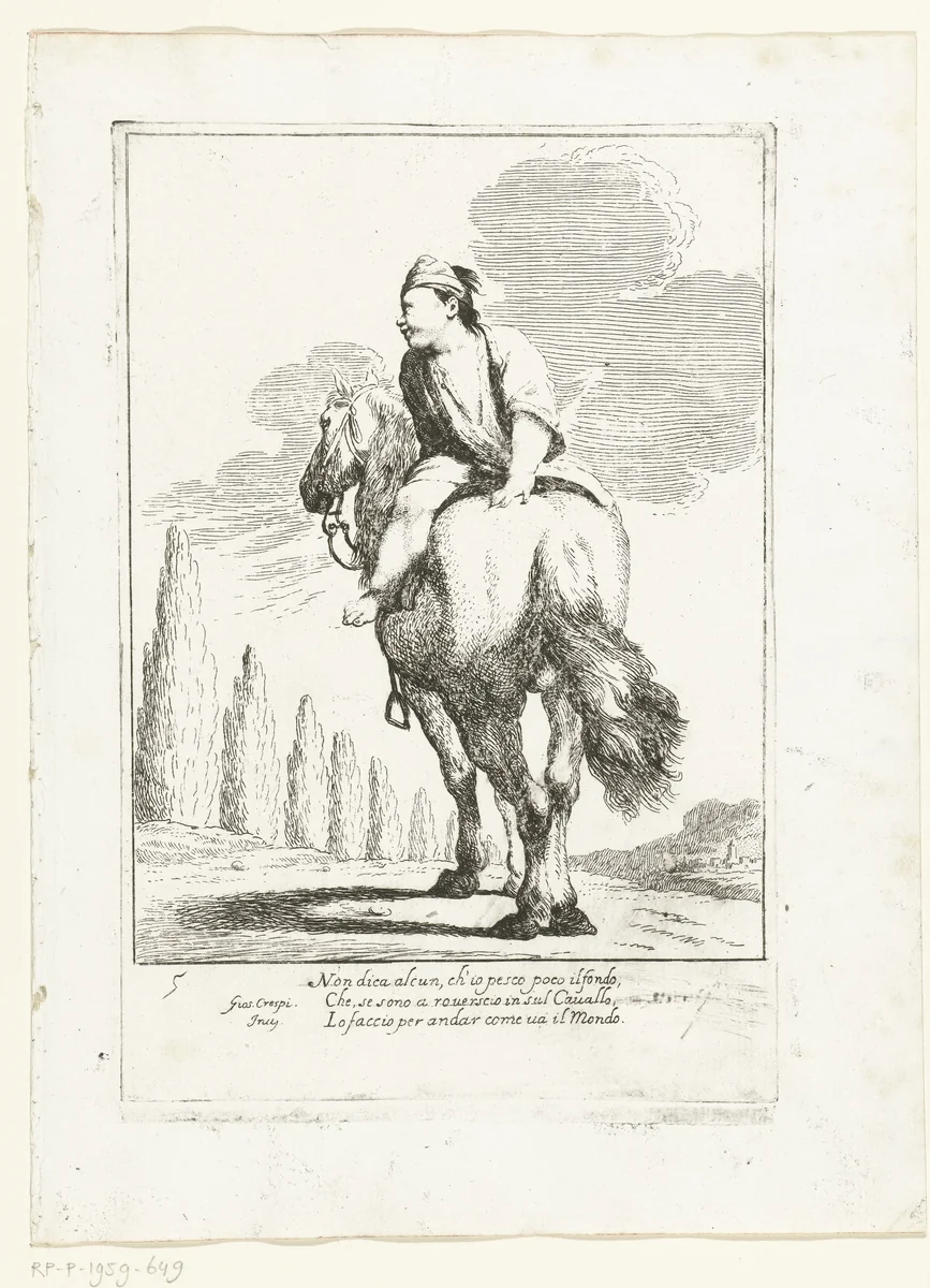 Cacasseno achterstevoren te paard by Giuseppe Maria Crespi, print, 1710-1715