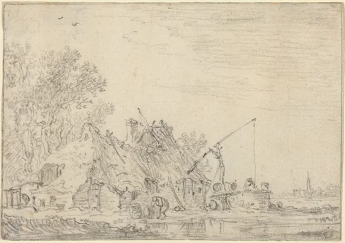 Rustic House with a Well by Jan van Goyen, drawing, 1596-1656