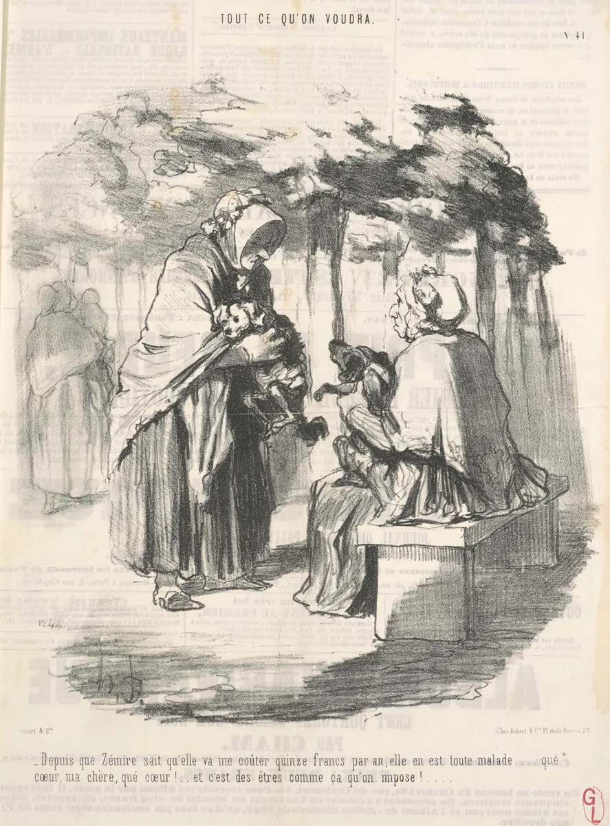 Depuis que Zémire sait qu'elle va me couter quinze francs ... by Honoré Daumier, print, 1848