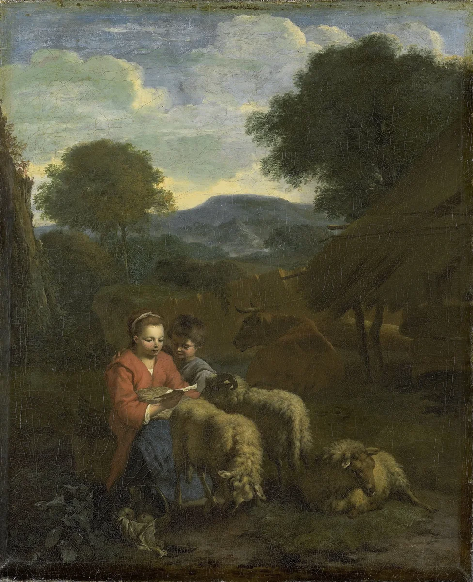 Shepherdess Reading by Simon van der Does, painting, 1706