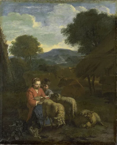 Shepherdess Reading by Simon van der Does, painting, 1706