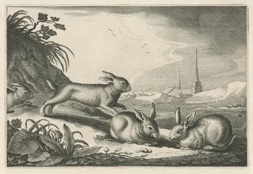 Duinlandschap met konijnen by Reinier van Persijn, print, 1641