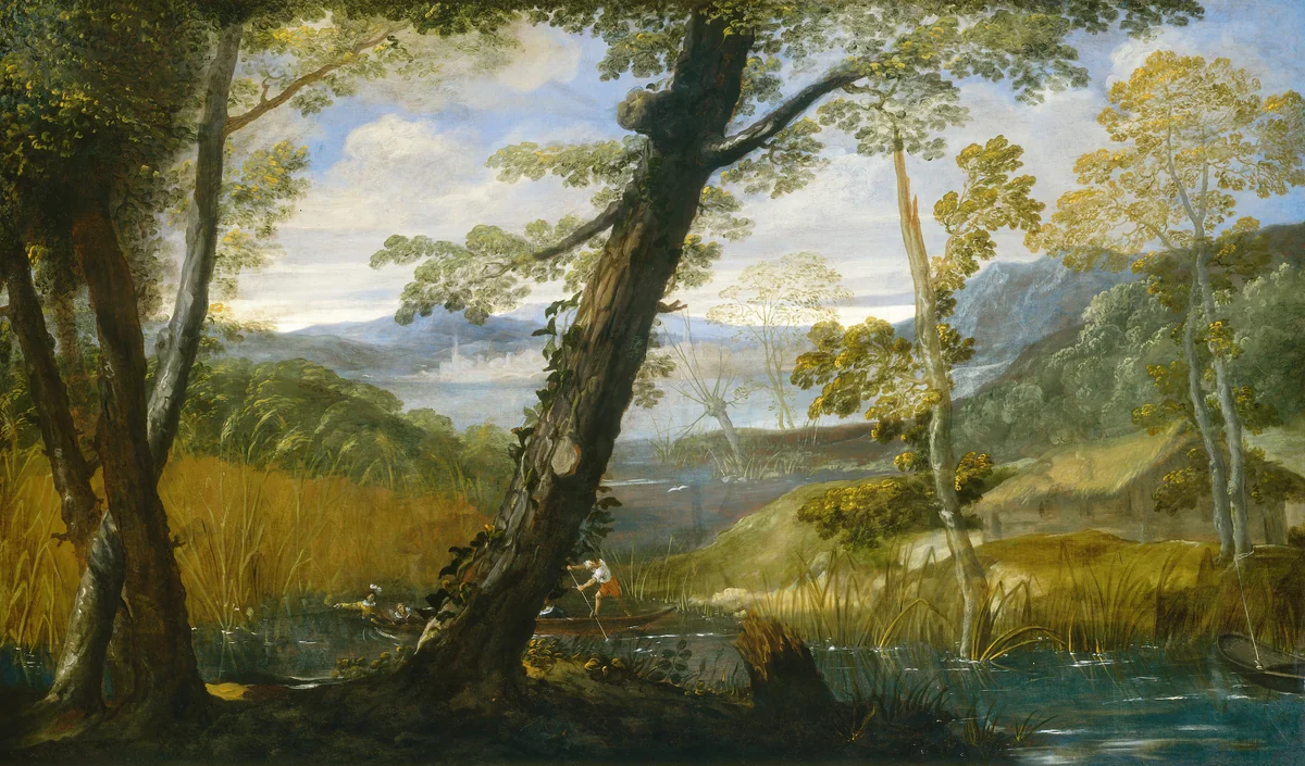 River Landscape by Annibale Carracci, painting, 1590