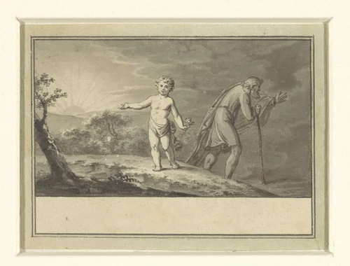 Het nieuwe en het oude jaar: een knaap en een grijsaard in een landschap by Sigmund Ferdinand von Perger, drawing, 1788-1841