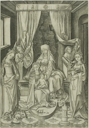 The Madonna with St. Anne, St. Catherine and St. Barbara by Israhel van Meckenem, print, 1490-1500