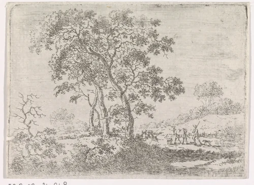 Landschap met een bomengroep langs een weg by Gerard van Nijmegen, print, 1745-1808