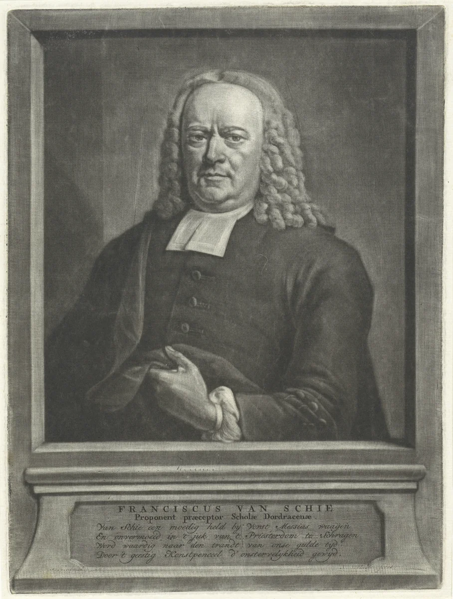 Portret van de predikant Franciscus van Schie by Nicolaas Verkolje, print, 1683-1746