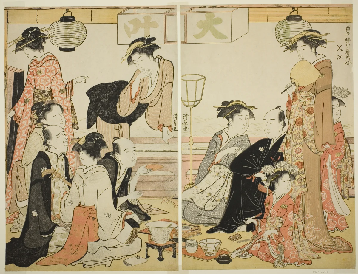 Entertainers of Nakazu, from the series "A Collection of Contemporary Beauties of the Pleasure Quarters (Tosei yuri bijin awase)" by Torii Kiyonaga (鳥居清長), print, 1779-1789
