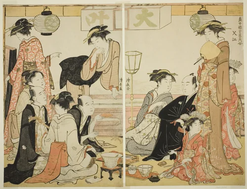 Entertainers of Nakazu, from the series "A Collection of Contemporary Beauties of the Pleasure Quarters (Tosei yuri bijin awase)" by Torii Kiyonaga (鳥居清長), print, 1779-1789