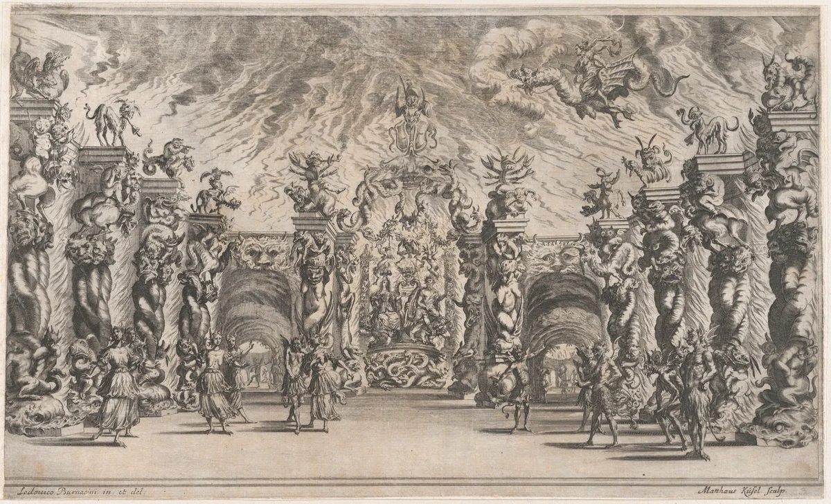 Kingdom of Pluto; a view of the underworld with Pluto and Proserpina enthroned at center, surrounded by demons; set design from 'Il Pomo D'Oro' by Mathäus Küsel, print, 1668