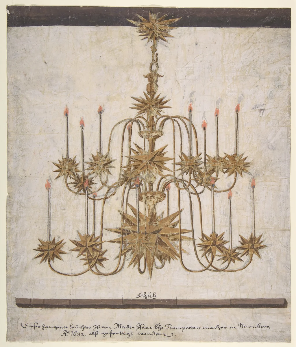 Design for a Chandelier with Sixteen Candles by Isaak Ehe, drawing, 1632