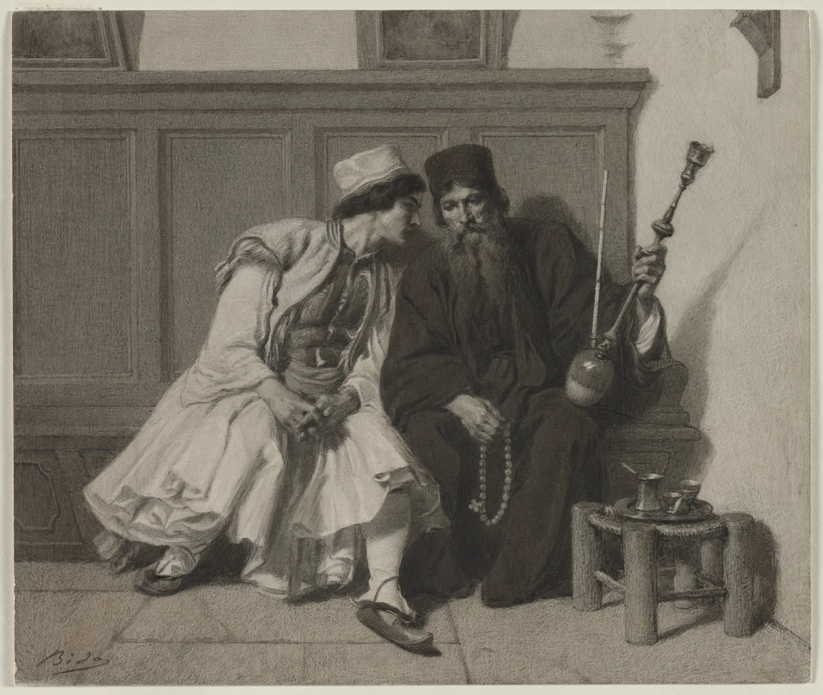 Young Greek Man in Conversation with a Priest by Alexandre Bida, drawing, 1823-1895