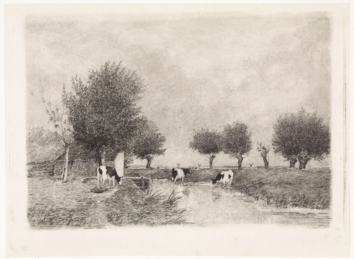 Landschap met drie koeien bij een sloot by Elias Stark, print, 1859-1890