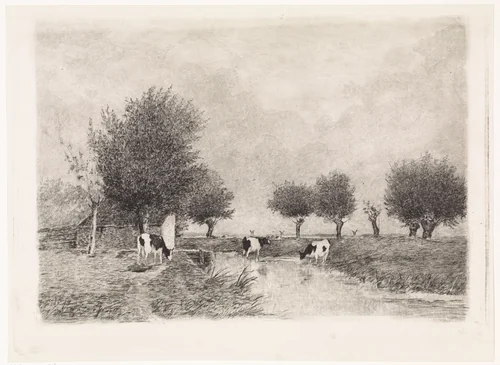 Landschap met drie koeien bij een sloot by Elias Stark, print, 1859-1890