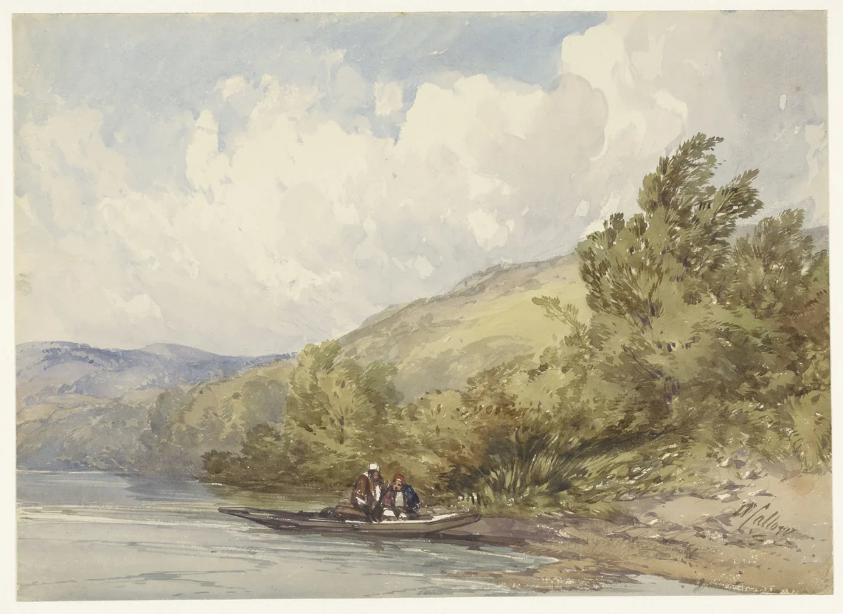 Heuvellandschap met een meer en een boot met twee figuren by William Callow, drawing, 1822-1908