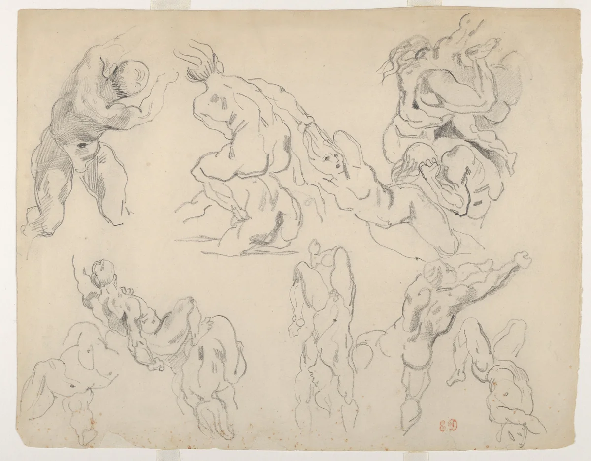 Figure Studies after Rubens's "Fall of the Rebel Angels" by Eugène Delacroix, drawing, 1815-1827