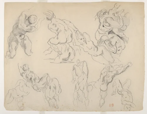 Figure Studies after Rubens's "Fall of the Rebel Angels" by Eugène Delacroix, drawing, 1815-1827