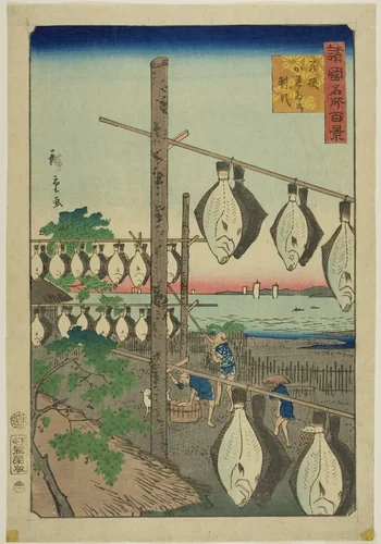 Strung-up Flounder, Wakasa Province (Wakasa karei o sasu) from the series “One Hundred Famous Views in the Various Provinces (Shokoku meisho hyakkei)” by Utagawa Hiroshige II (二代目歌川広重), print, 1826-1869