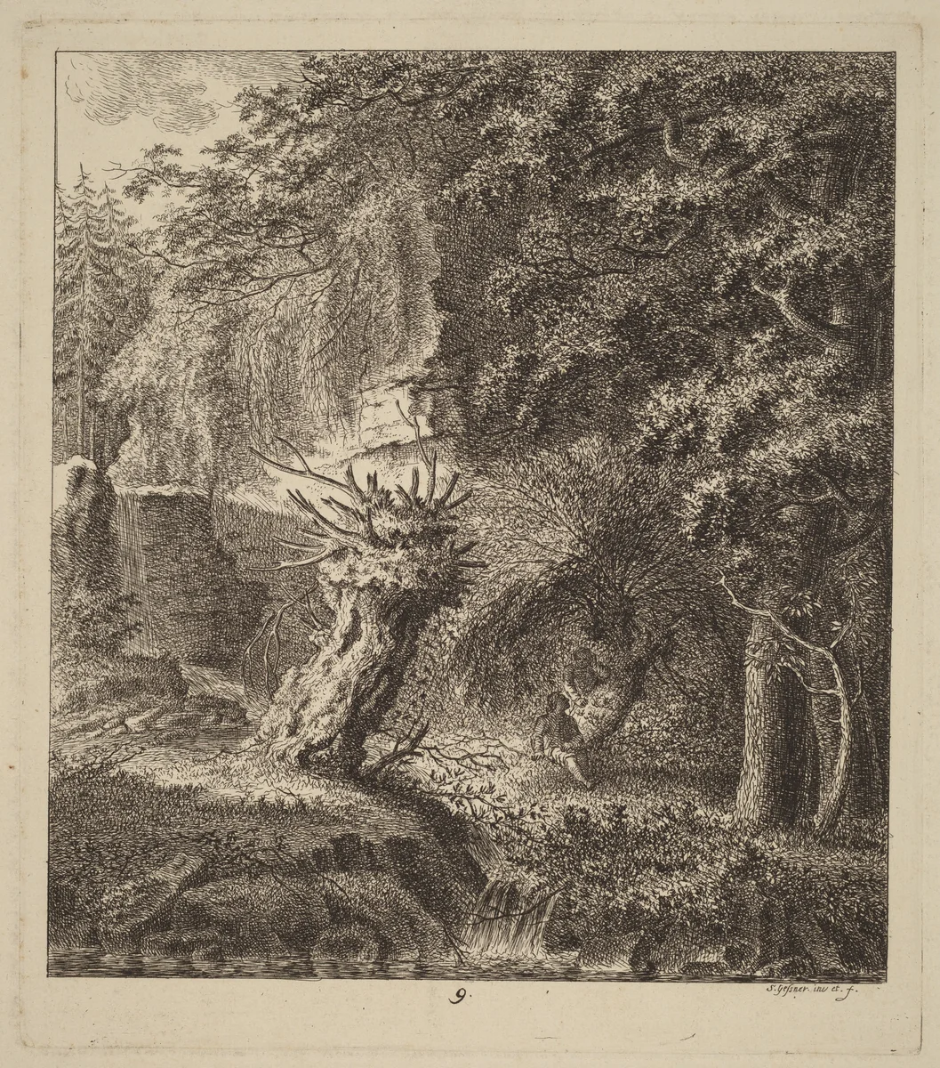 Wooded Landscape with a Pollarded Tree by Salomon Gessner, print, 1764