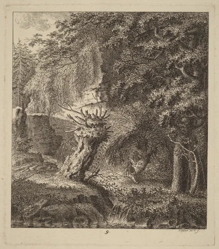 Wooded Landscape with a Pollarded Tree by Salomon Gessner, print, 1764