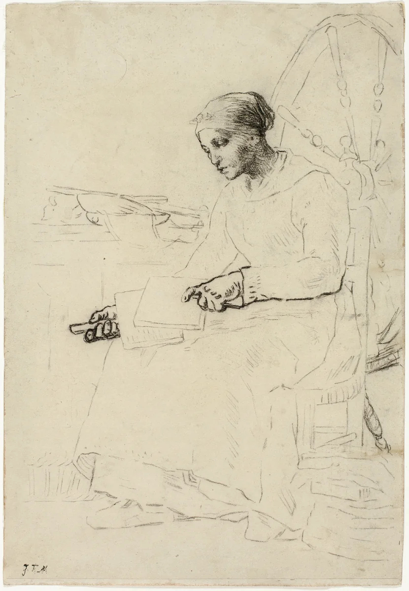 The Wool Carder (recto); Fragmentary Sketch of Man Standing by Fence (verso) by Jean-François Millet, drawing, 1857-1858