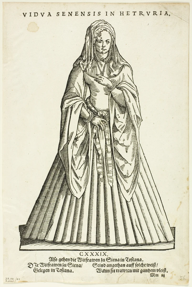 Vidua Senensis in Hetruria (Widow of Siena in Tuscany) from H. Weigel's Trachtenbuch, plate 51 from Woodcuts from Books of the XVI Century by Jost Amman, print, 1577
