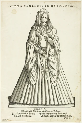 Vidua Senensis in Hetruria (Widow of Siena in Tuscany) from H. Weigel's Trachtenbuch, plate 51 from Woodcuts from Books of the XVI Century by Jost Amman, print, 1577