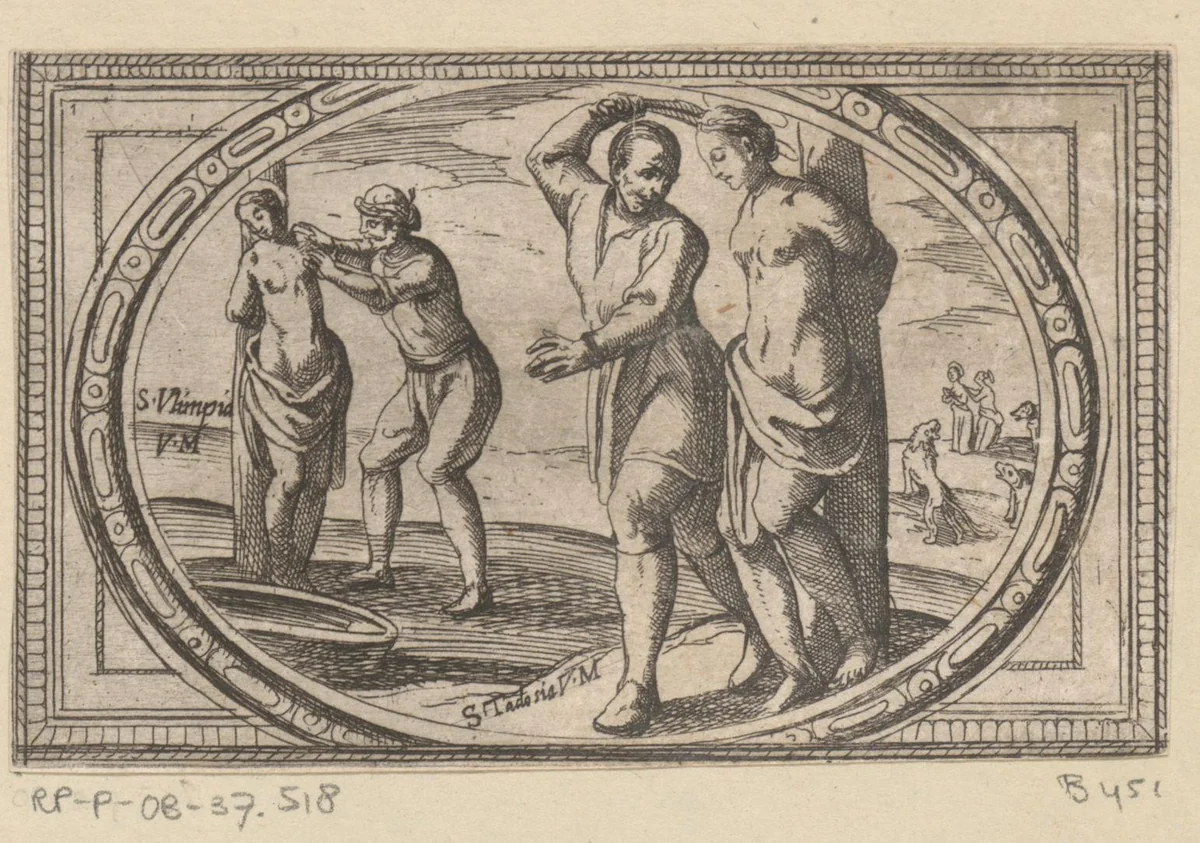 H. Olympiades en H. Theodosia by Antonio Tempesta, print, 1565-1630