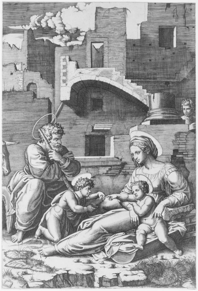 The 'Virgin with the long thigh' sitting with the Christ Child, St John the Baptist and St Joseph by Marcantonio Raimondi, print, 1513-1524