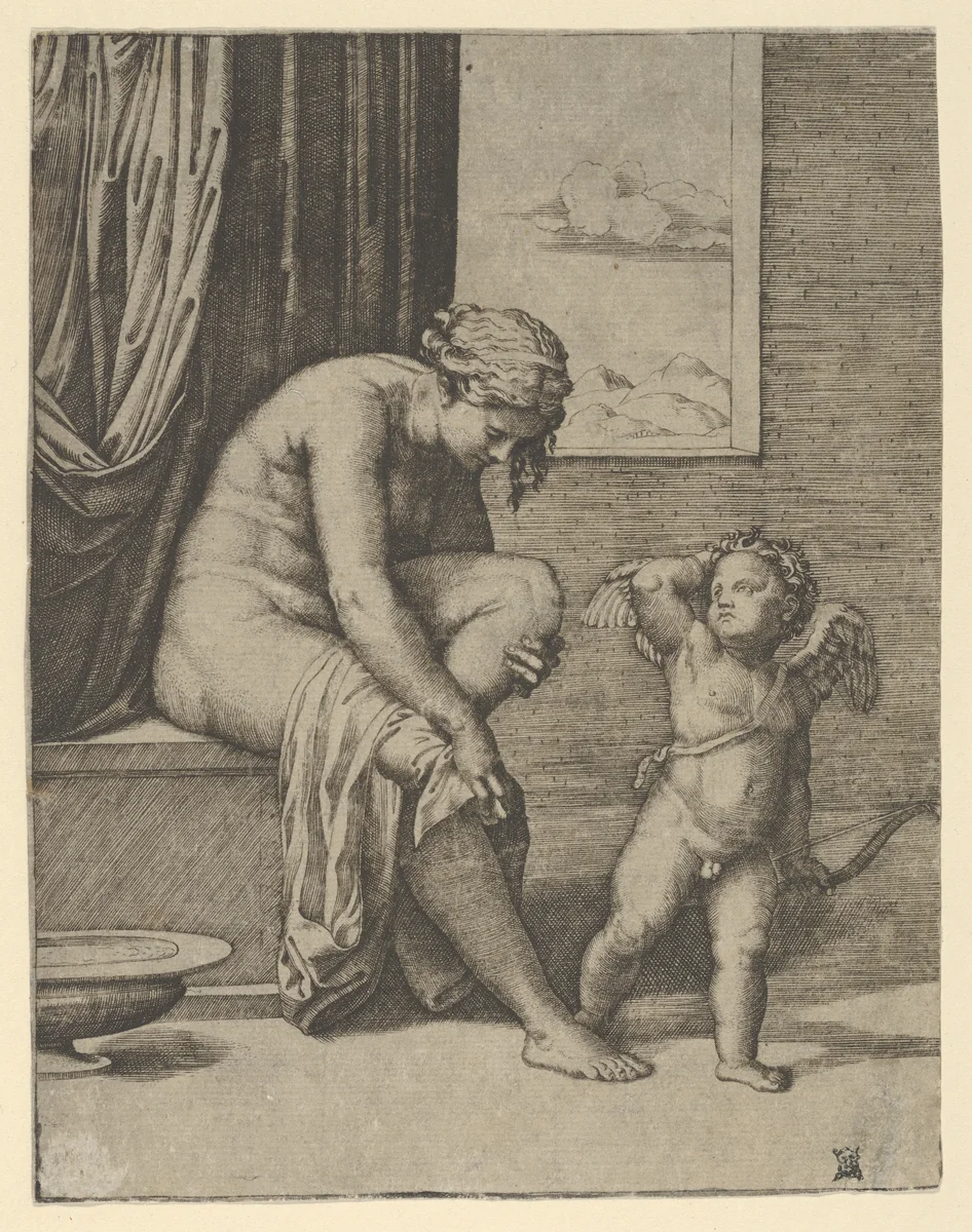 Venus drying her foot with a piece of drapery, Cupid in front of her, holding a bow in his left hand by Marcantonio Raimondi, print, 1505-1515