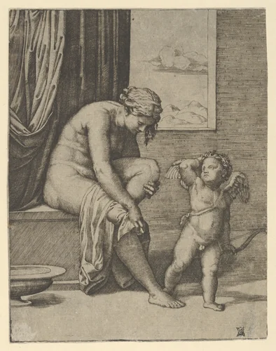 Venus drying her foot with a piece of drapery, Cupid in front of her, holding a bow in his left hand by Marcantonio Raimondi, print, 1505-1515