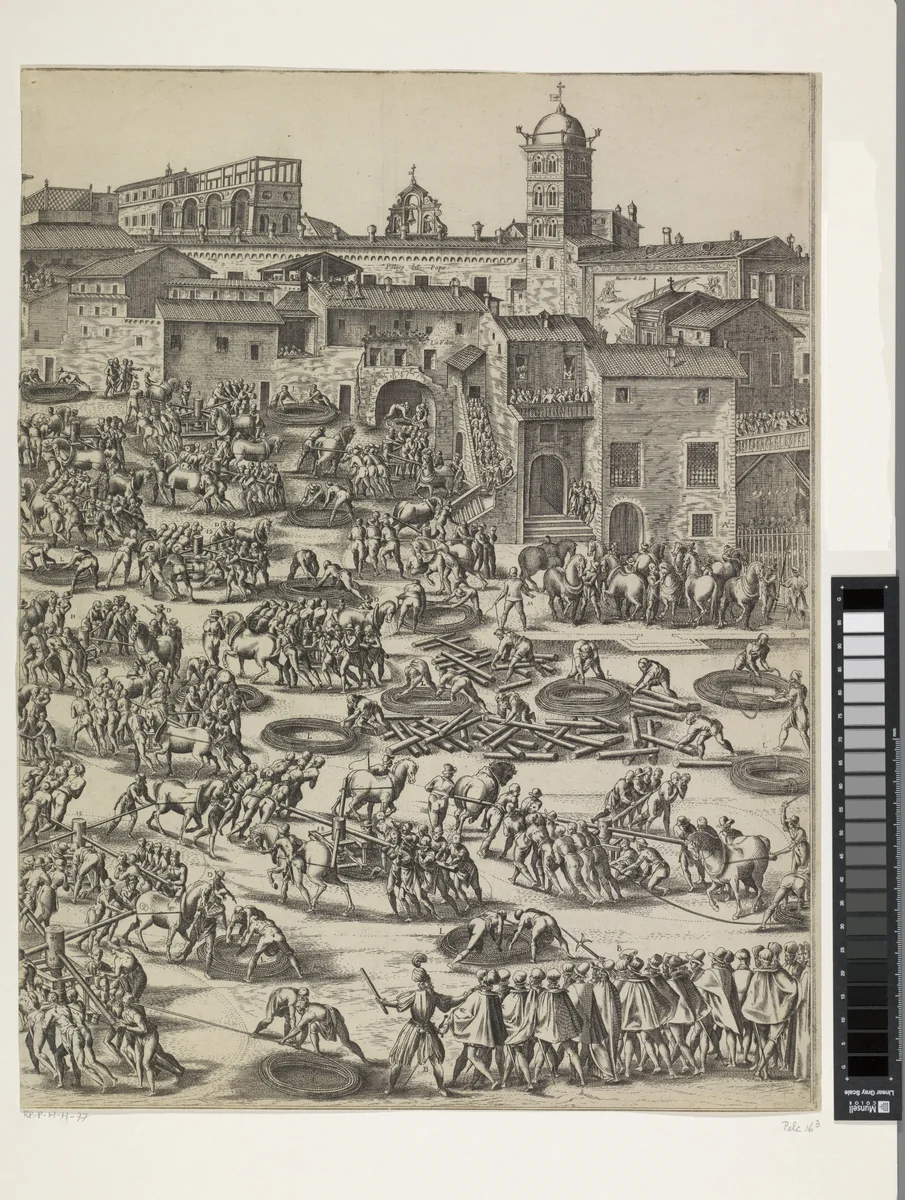 Het oprichten van de obelisk op het St. Pietersplein by Natale Bonifazio, print, 1586