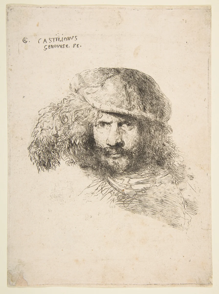 Head of a man wearing a feathered cap (possibly Bernini, possibly a self portrait), from the series of 'Large Oriental Heads' by Giovanni Benedetto Castiglione, print, 1640-1650