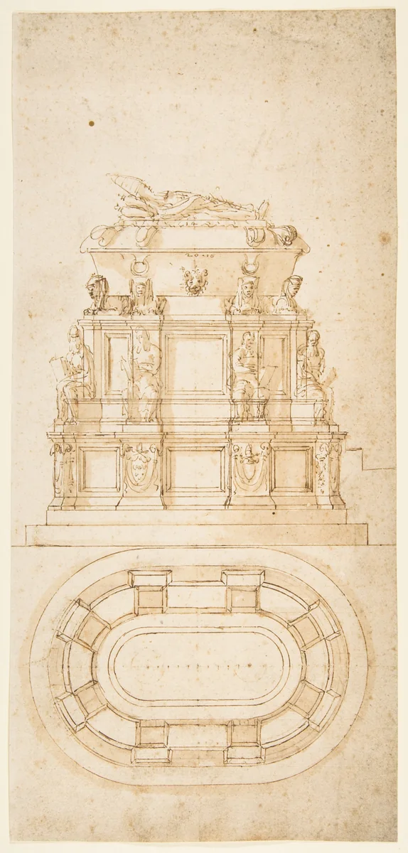 Design for a Freestanding Tomb Seen in Elevation and Plan by Antonio da Sangallo, drawing, 1530-1535