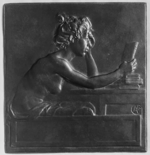 Known as "The Book Cover", enlargement of a plaquette-medal for the Societé des Amis des Livres by Alexandre-Louis-Marie Charpentier, metalwork, 1802-1902