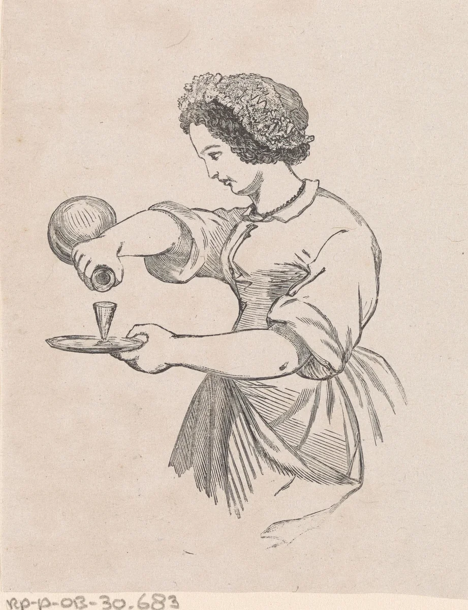 Vrouw een glas op een blad inschenkend by Isaac Weissenbruch, print, 1836-1912