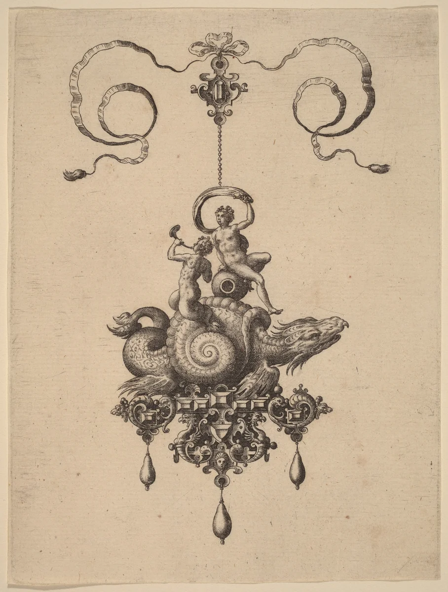 Design for a Pendant with a Sea-Monster in a Shell Carrying a Triton and a Woman with a Sail by Adriaen Collaert, print, 1582